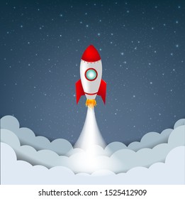 Cartoon Sky With Stars And Cloud And Rocket With Gradient Mesh, Vector Illustration