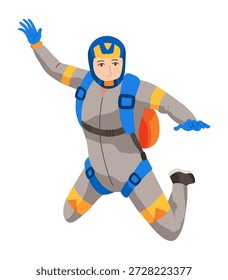 Caricatura de paracaidista. Chico saltando desde un avión, caída libre, volando en el cielo, personas cayendo en diferentes poses, deporte extremo