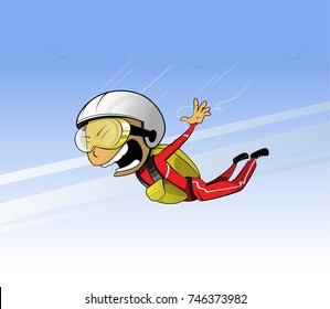 Cartoon Skydiver fliegt am Himmel.  Vektorgrafik.