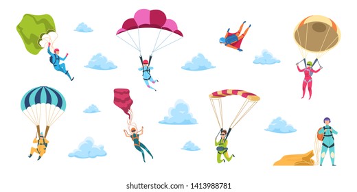 Cartoon skydivers. Sky jump with parachute and paraglider, extreme danger skydive falling. Vector adrenaline parachuting sport flat illustration