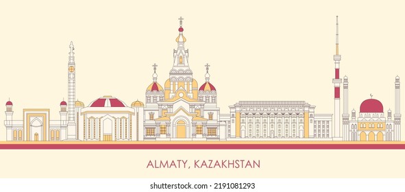 Cartoon Skyline panorama of city of Almaty, Kazakhstan - vector illustration