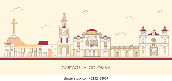 Panorama de caricatura en Skyline de la ciudad de Cartagena, Colombia - ilustración vectorial