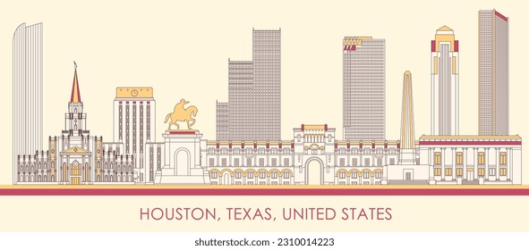 Panorama de caricatura en Skyline de la ciudad de Houston, Texas, Estados Unidos - ilustración vectorial