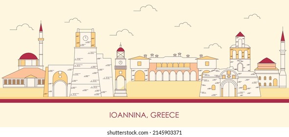 Cartoon Skyline panorama of city of Ioannina, Epirus, Greece - vector illustration