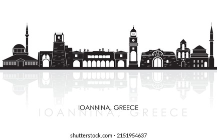 Panorama de caricatura en Skyline de la ciudad de Ioannina, Epiro, Grecia - ilustración vectorial