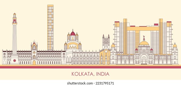 Cartoon Skyline panorama of city of Kolkata, India - vector illustration