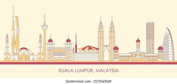 Panorama del Skyline de la caricatura de la ciudad de Kuala Lumpur, Malasia - ilustración vectorial