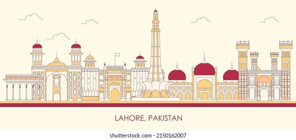 Cartoon Skyline panorama of city of Lahore, Pakistan - vector illustration