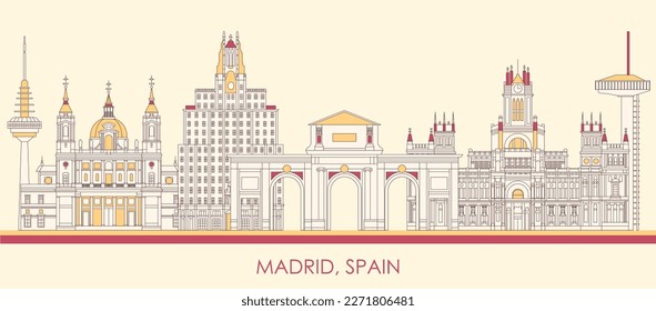 Cartoon Skyline panorama of city of Madrid, Spain - vector illustration