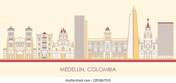 Cartoon Skyline panorama of city of Medellin, Colombia - vector illustration