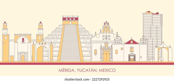 Panorama del Skyline de dibujos animados de la ciudad de Mérida, Yucatán, México - ilustración vectorial