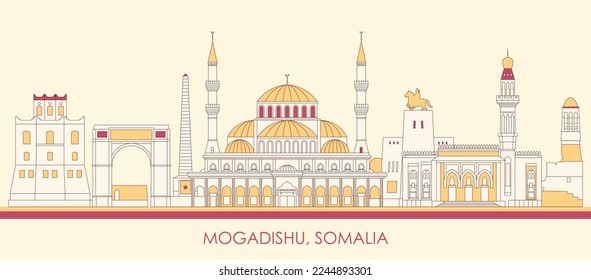 Panorama de caricatura en Skyline de la ciudad de Mogadishu, Somalia - ilustración vectorial