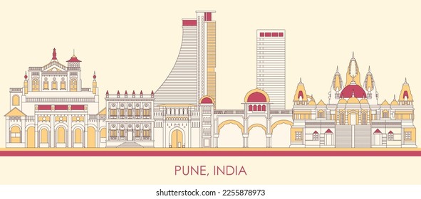 Panorama del Skyline de dibujos animados de la ciudad de Pune, India - ilustración vectorial