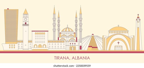 Panorama del Skyline de dibujos animados de la ciudad de Tirana, Albania - ilustración vectorial