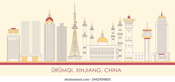 Cartoon Skyline panorama of city of Urumqi, Xinjiang, China - vector illustration