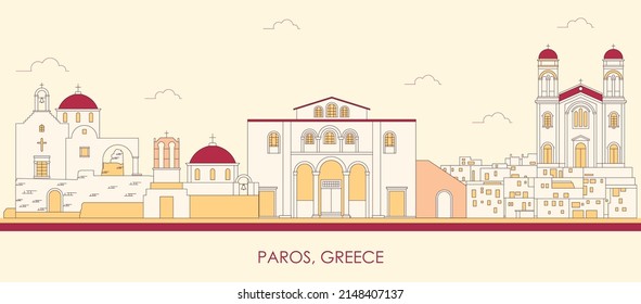 Cartoon Skyline panorama of Paros island, Cyclades, Greece - vector illustration