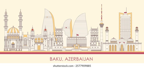 Cartoon Skyline panorama of town of Baku, Azerbaijan - vector illustration