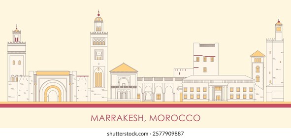 Cartoon Skyline panorama of town of Marrakesh, Morocco - vector illustration