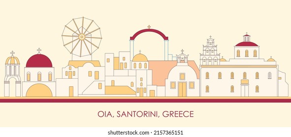 Panorama del Skyline de dibujos animados de la aldea de Oia, Santorini, Islas Cícladas, Grecia - ilustración vectorial