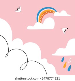 Cartoon skyscape background with puffy clouds, seagulls and rainbow, cute doodle vector illustration