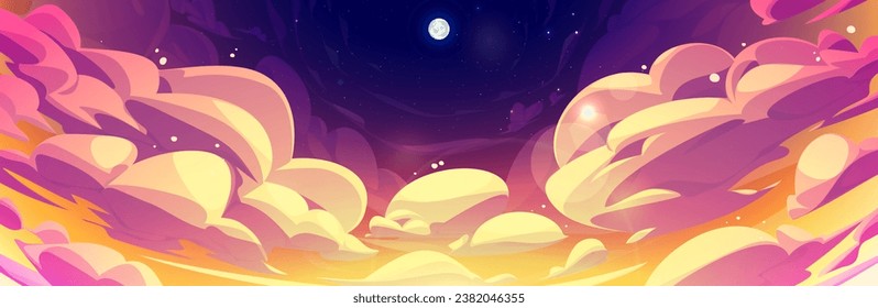 Cartoon skyscape during sunset or sunrise with fluffy anime style clouds. Vector air panoramic background of deep purple and yellow gradient colored cloudy heaven with moon and curve shaped haze.