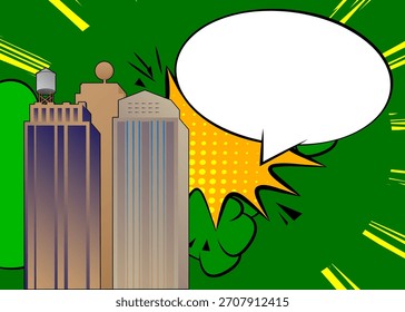 Cartoon Skyscraper with blank speech bubble, comic book construction background. Retro vector comics pop art design.
