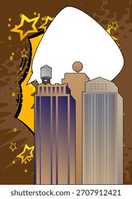 Rascacielos de dibujos animados con burbuja de discurso en blanco, fondo de construcción de cómic. Diseño de arte pop de cómics de Vector retro.