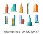 Cartoon skyscraper. City buildings, high architecture and urban real estate isolated vector illustration set of city urban architecture