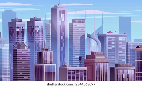 Caricatura rascacielos paisaje de fondo vectorial. Escena del cielo urbano con ambiente de juego panorámico en la ventana de la oficina de negocios. Vista de perspectiva abstracta del paisaje de la arquitectura corporativa en los días soleados