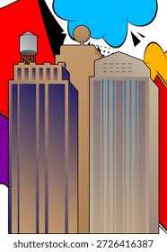 Rascacielos de dibujos animados, edificios de cómics. Diseño de arte pop de cómics de Vector retro.