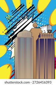 Rascacielos de dibujos animados, edificios de cómics. Diseño de arte pop de cómics de Vector retro.