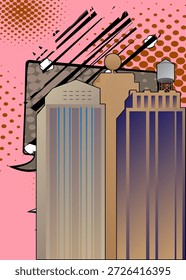 Rascacielos de dibujos animados, edificios de cómics. Diseño de arte pop de cómics de Vector retro.