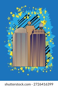 Arranha-céu dos desenhos animados, edifícios de quadrinhos. Quadrinhos vetoriais retrô com design de arte pop.