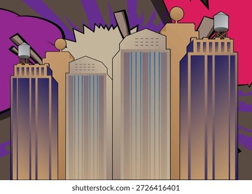 Rascacielos de dibujos animados, edificios de cómics. Diseño de arte pop de cómics de Vector retro.