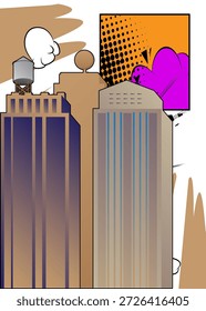 Rascacielos de dibujos animados, edificios de cómics. Diseño de arte pop de cómics de Vector retro.