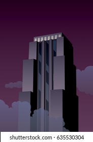 Cartoon skyscraper at night in Art Deco style. 