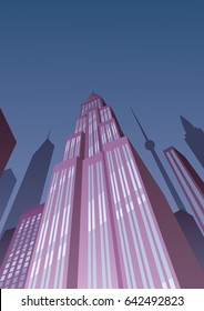 Cartoon skyscraper at night in Art Deco style. 