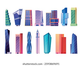 Cartoon skyscrapers buildings. City skyscraper set, urban tall tower apartment or corporate business office modern high building architecture town house, swanky vector illustration