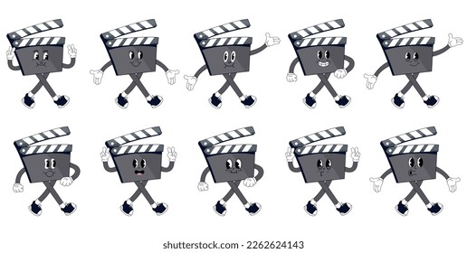 Cartoon slate board. film making accessorie character with cute cheerful emotions, hands and legs. Vector cinematography person set.