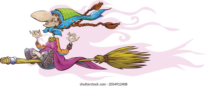 Cartoon of a slavic witch (Baba Yaga) flying on a broom in a yoga pose.