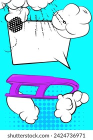 Cartoon-Schlitten mit leeren Sprechblasen, Comic-Buch Rodel Hintergrund. Retro Vektor Comics Pop Art Design.