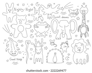 Cartoon sleeping animal collection.Flat doodle characters for kids.