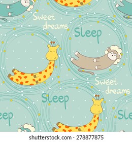 Cartoon Sleeping animals. Cute Hand Drawn  seamless pattern