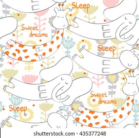 Cartoon Sleeping animals. Cute Hand Drawn seamless pattern