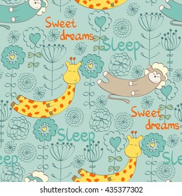 Cartoon Sleeping animals. Cute Hand Drawn seamless pattern
