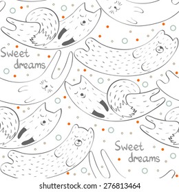 Cartoon Sleeping animals. Hand Drawn  illustration. Seamless pattern