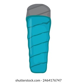 Cartoon sleeping bag illustration for camping and outdoor adventure, featuring a cozy, lightweight, and portable design in blue and grey colors