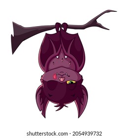 Cartoon Sleeping Bat On Branch. Cartoon Vector Illustration