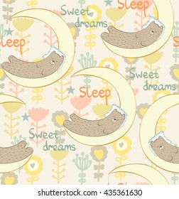 Cartoon Sleeping Bear. Cute vector seamless pattern