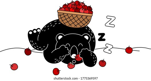 Cartoon of Sleeping bear lays down on the ground and eats apple in the basket. Simple cute hand draw line vector and minimal icons flat style character illustration.
